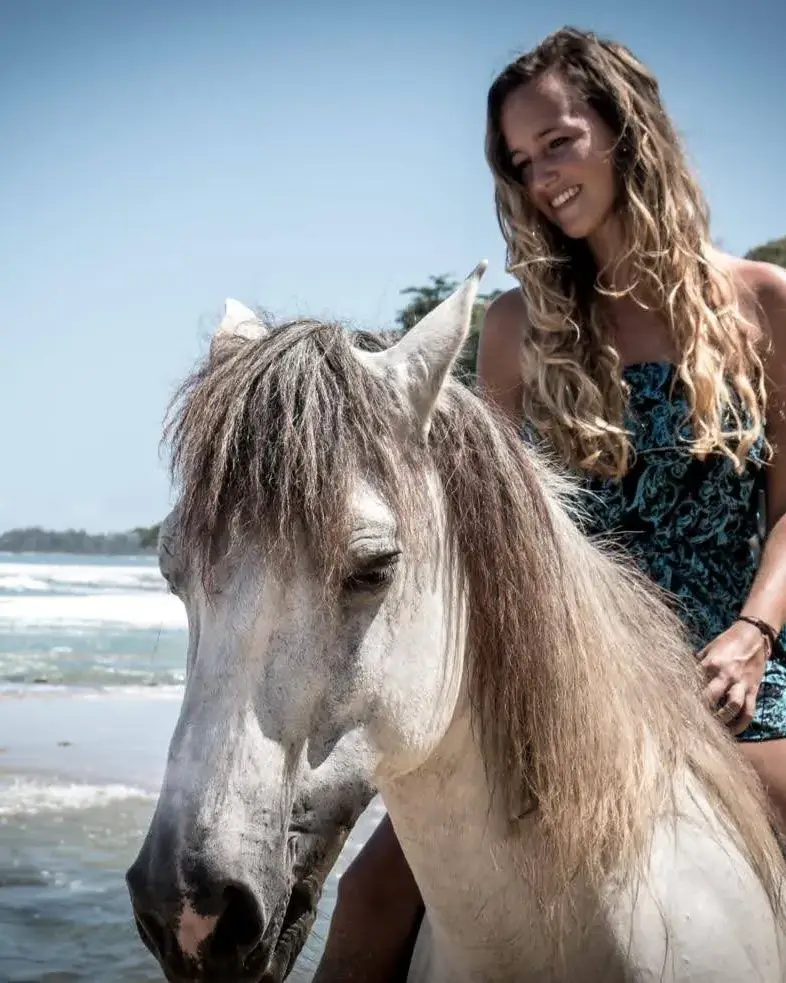 A Caribe Horse rider on a white horse beside the Caribbean Sea